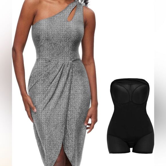 Slimers Elegant Silver One-Shoulder Dress with built in shaper NWT - Picture 2 of 7